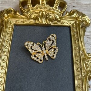 Gold and Faux Pearl Butterfly Brooch